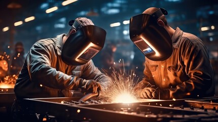 Aufkleber - Two workers and welders who perform arc welding in industry factory.