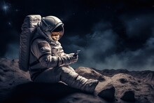 An Astronaut Sitting On The Moon And Sends Messages To Friends And Family Via Smartphone