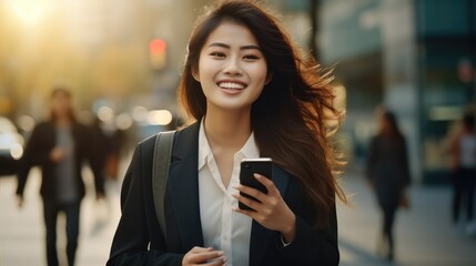 Poster - Beautiful Asian business woman holding cell phone in hands are walking on city street