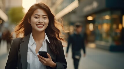 Poster - Beautiful Asian business woman holding cell phone in hands are walking on city street