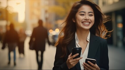 Poster - Beautiful Asian business woman holding cell phone in hands are walking on city street