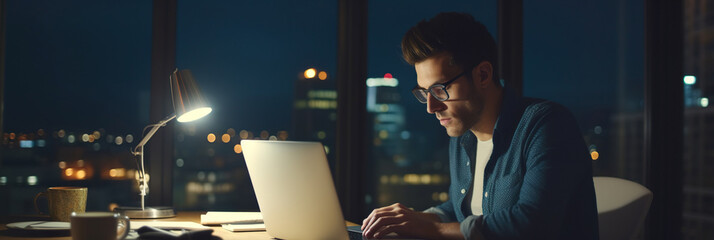 Nighttime productivity: Young businessman typing on laptop in home office