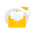 © W - Yellow email icon. Letter in an envelope with message and a paper airplane. Minimalistic vector illustration.