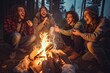 © Andrii Zastrozhnov - A group of friends and family gathers around a campfire in the forest during a joyful summer night.