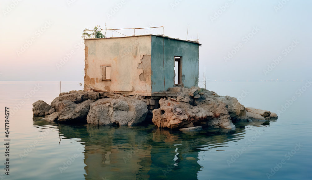 Generative AI illustration of exterior of aged abandoned house on a ...