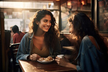 Young Latin Woman Drinking Coffee With Female Friend At Restaurant