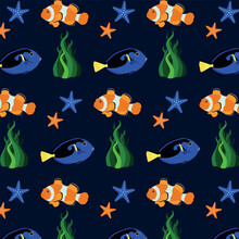 Pattern With Fish And Starfish On A Dark Blue Background