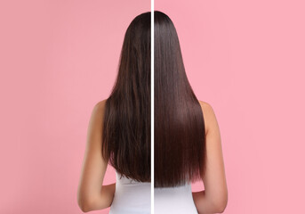 Wall Mural - Photo of woman divided into halves before and after hair treatment on pink background, back view