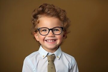 Portrait of a cute little boy with glasses on a brown background.