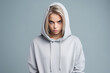 Anger European Girl In Gray Hoodie On Pastel Background
