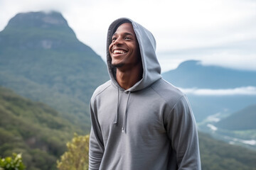 Happiness African Man In Gray Hoodie On Mountain Scenery Background