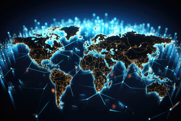 Aufkleber - Map of the planet. Blue futuristic background with planet Earth. Worldwide network connection, digital telecommunication, big data, digital transformation, cloud computing, IoT, cryptocurrency.