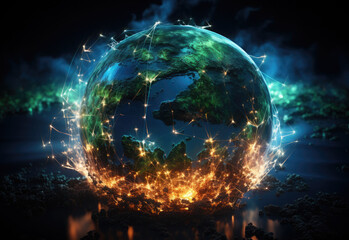 Aufkleber - Planet Earth. Map of the planet and world map.Worldwide network connection, digital telecommunication, big data, digital transformation, cloud computing, IoT, cryptocurrency, blockchain. Future.