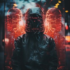 Dark horror person portrait. Futuristic cyberpunk theme. Fictional character. Generative AI technology.