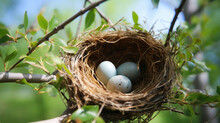 A Nest Filled With Cardinal Bird Eggs In The Branches Of A Chinese Elm Tree.