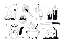 Cute Halloween Doodles, Trick Or Treat, Black And White Stickers. Happy Halloween Elements Hand Drawn In Line Art Style. Pumpkin, Ghost, Candle, Knife, Cat, Grave. Vector Stock Isolated Illustration.