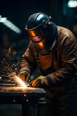 Wall Mural - Welder is welding metal, industry them bokeh and dark sparkle background. Image created using artificial intelligence.