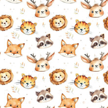 Watercolor Seamless Pattern With Cute Cartoon Animal Heads