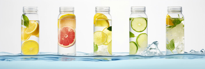 Wall Mural - Vital Proteins Collagen Water bottles, variety of flavors, set against a minimalist white backdrop with slices of lemon and cucumber floating around. Soft box lighting