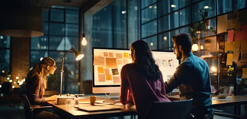 Poster - Business people meeting ideas sharing brainstorm together at modern interior office at night.