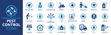 Pest Control Icon Set. Containing Insect, Extermination, Bug, Pesticide, Insecticide, Service, Spray, Rat And Termite. Solid Icon Collection. Vector Illustration.