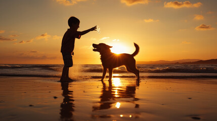 Wall Mural - Silhouette of boy and dog playing on the beach at sunrise.