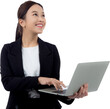 Portrait young asian business woman standing work on laptop computer to internet online, businesswoman in suit confident and using notebook, marketing and communication.