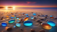 Colorful Pebbles Glowing In The Sea Beach During Sunset.