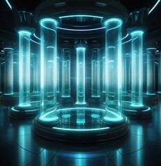 Poster - Abstract style on a blue background. display in futuristic cyberpunk style.