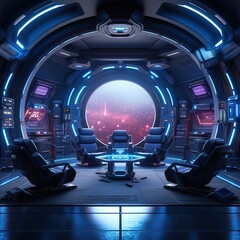 Poster - Abstract style on a blue background. display in futuristic cyberpunk style.