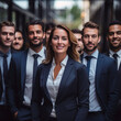 Business Professionals at a Contemporary Office - Teamwork and Success. Portrait of happy businessmen and satisfied businesswomen standing as a team. 
Multiethnic group of people smiling.