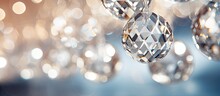 Close Up Of Shiny Round Crystal Chandeliers Luxurious Lustrous Texture Background Of Faceted Glass Balls Copy Space