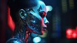 Model with half face painted metallic, depicting human-robot duality, against a cyberpunk city backdrop