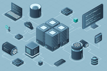 Fototapete - Computer technology isometric illustration. Computation of big data center. Cloud computing. Online devices upload and download information. Modern 3d isometric vector illustration