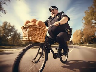 Funny picture of body positive, fat police officer riding fast on bike, he is happy and screaming. Funny picture of body positive, fat police officer riding fast on bike, he is happy and screaming.