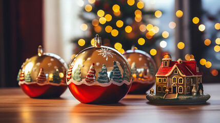 Christmass festive decorations with balls and bokeh