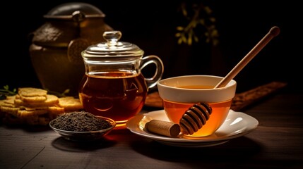 A filled tea cup in the foreground is surrounded by a teabag, teaspoon and some ingredients' like anise, dried orange and cinnamon sticks. On background is another tea cup and a honey jar with honey d