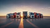 Parked trucks in front of bright sunrise