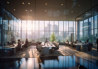 Office workspace full of people with large windows in large business centre.Macro.AI Generative
