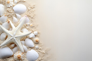 Wall Mural - White fine sand with shells and copy space texture and background . Summer holidays.