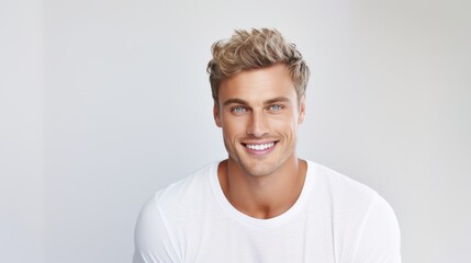 portrait of young handsome hipster man with blonde hair smiling and looking at camera over white bac