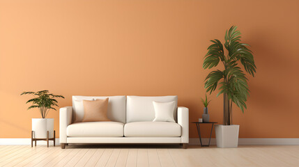 Wall Mural - living room with a couch and a potted plant, in the style of light orange and light brown. minimalist living room.