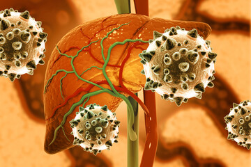 Wall Mural - Hepatitis virus with human liver. Medical research. 3d illustration