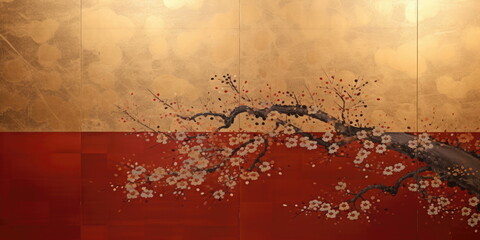 Wall Mural - plum or cherry blossoms in japanese painting style. lacquer painting on gold foiled paper,