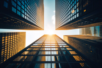 View from ground level up of corporate skyscrapers and sunshine above, sleek and modern downtown architecture