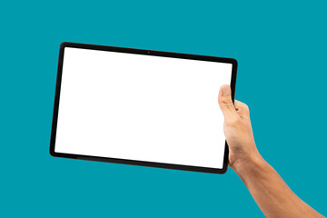 Black male hand holding black tablet, isolated on turquoise background