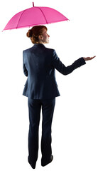 Poster - Digital png photo of caucasian businesswoman holding pink umbrella on transparent background