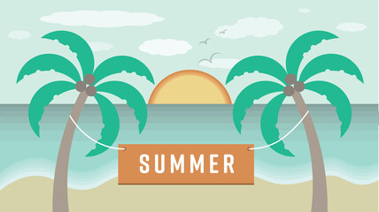 Wall Mural - Digital png illustration of summer text with palm trees on beach on transparent background