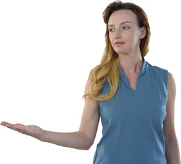 Poster - Digital png photo of caucasian businesswoman with hand out on transparent background