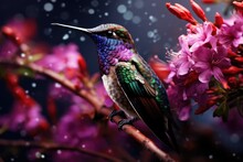 A Hummingbird Sits On A Branch With Purple Background